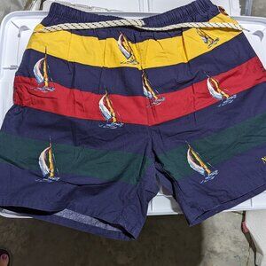 Vintage 90's Nautica Swim Trunks Red, Yellow, Green Striped w/ Sail Boats - Med